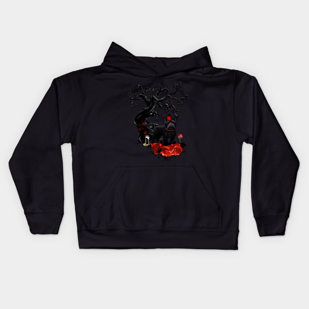 Funny dark bulldog with bird Kids Hoodie by Nicky2342